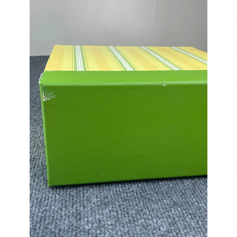 VTG. Hallmark Yellow Green Striped Card Storage Box w/Pullout Drawer 10.5x10x4.5